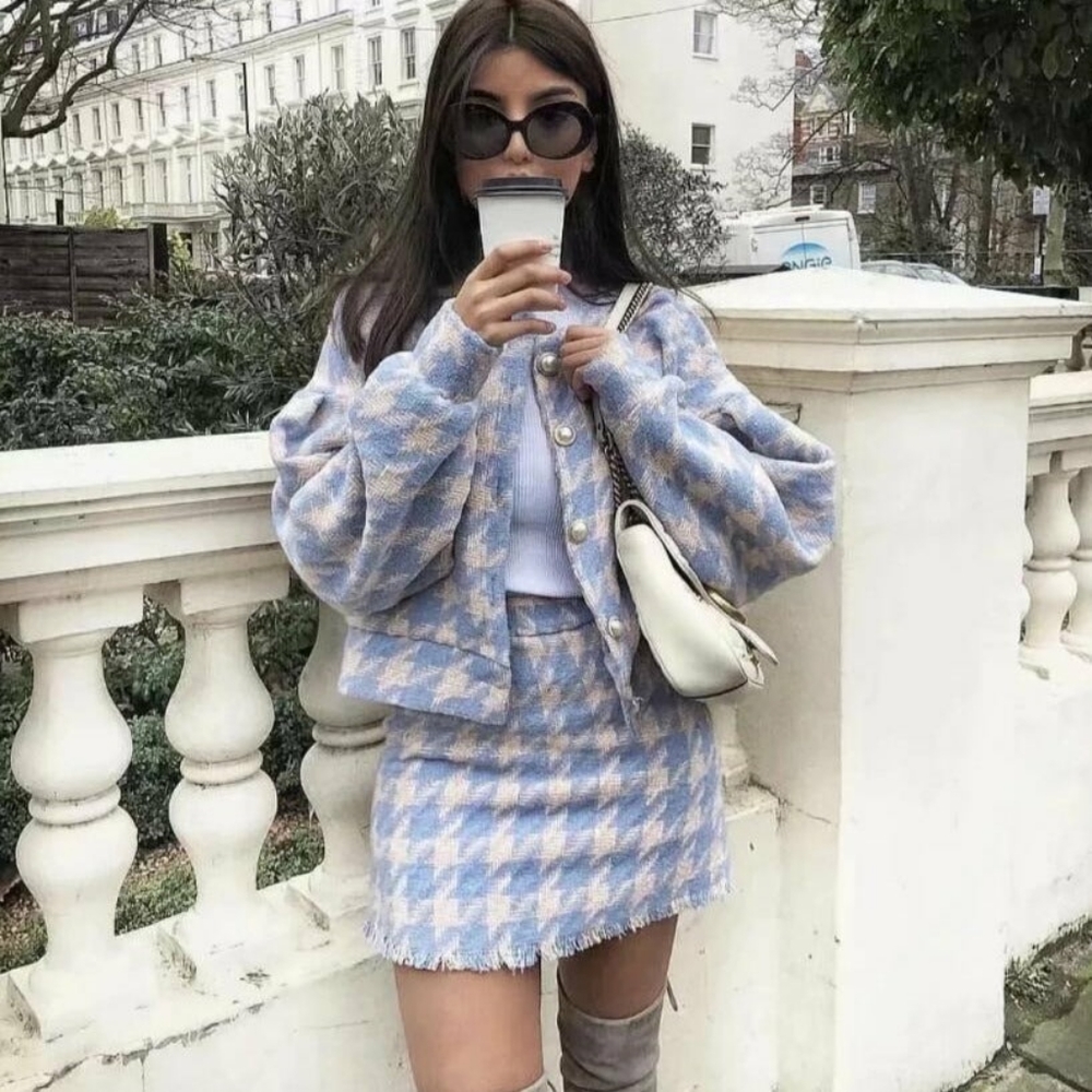 NWOT 2 pcs Gingham Houndstooth Blazer and Skirt Set MEDIUM